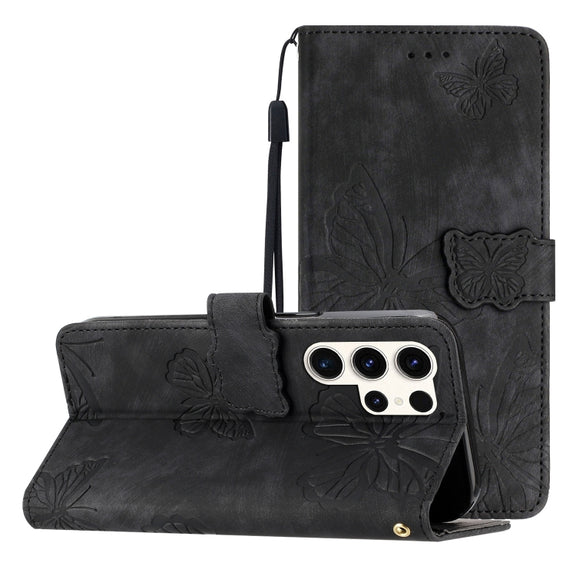 For Samsung Galaxy S25 Ultra 5G Skin-feel Embossed Butterfly Leather Phone Case(Black)