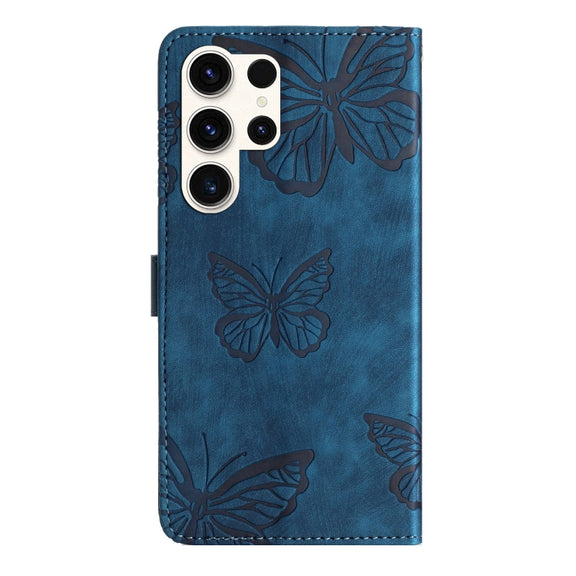 For Samsung Galaxy S25 Ultra 5G Skin-feel Embossed Butterfly Leather Phone Case(Blue)