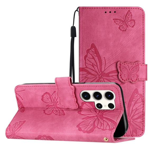 For Samsung Galaxy S25 Ultra 5G Skin-feel Embossed Butterfly Leather Phone Case(Rose Red)
