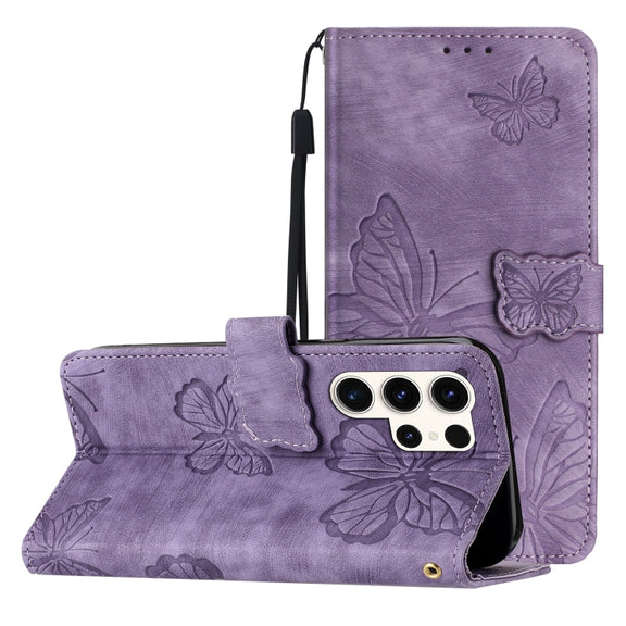 For Samsung Galaxy S25 Ultra 5G Skin-feel Embossed Butterfly Leather Phone Case(Purple)