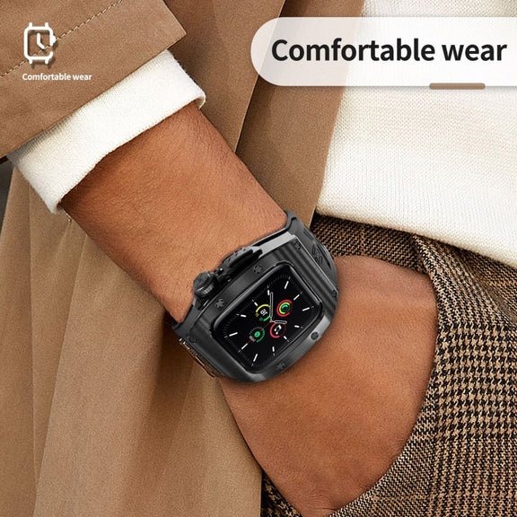 For Apple Watch 44mm / 45mm RedPepper Armor Metal Case Integrated Silicone Watch Band(Black)