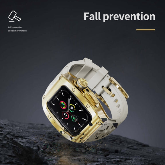 For Apple Watch 44mm / 45mm RedPepper Armor Metal Case Integrated Silicone Watch Band(Gold White)