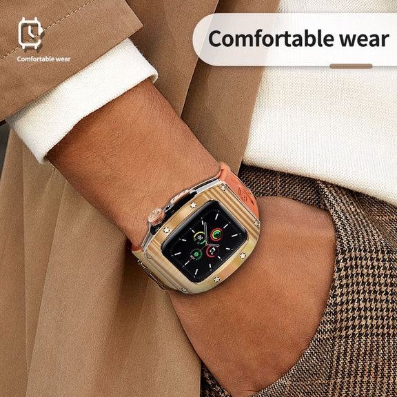 For Apple Watch 44mm / 45mm RedPepper Armor Metal Case Integrated Silicone Watch Band(Rose Gold Orange)