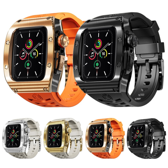 For Apple Watch 44mm / 45mm RedPepper Armor Metal Case Integrated Silicone Watch Band(Rose Gold Orange)