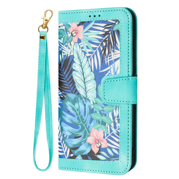 For iPhone 16e Floral Pattern Leather Phone Case with Lanyard(Green)