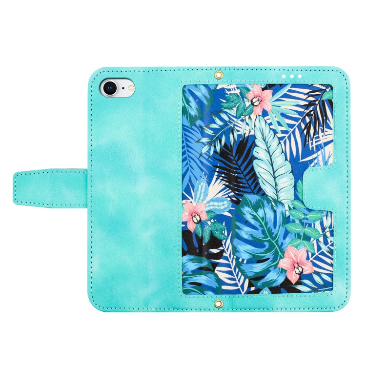 For iPhone 16e Floral Pattern Leather Phone Case with Lanyard(Green)