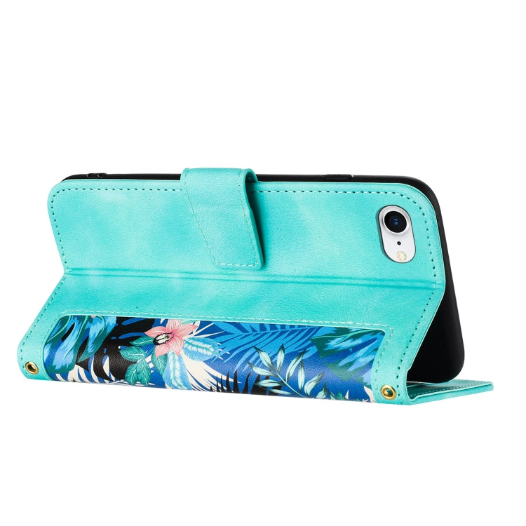 For iPhone 16e Floral Pattern Leather Phone Case with Lanyard(Green) - iPhone 16e Cases by PMC TechLife | Online Shopping South Africa | PMC TechLife | Buy Now Pay Later Mobicred