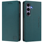 For Samsung Galaxy S24 / S25 5G RC01 Dual-Folded Magnetic Suction RFID Leather Phone Case(Dark Green)