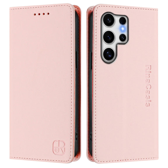 For Samsung Galaxy S25 Ultra 5G RC01 Dual-Folded Magnetic Suction RFID Leather Phone Case(Pink)