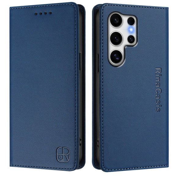 For Samsung Galaxy S25 Ultra 5G RC01 Dual-Folded Magnetic Suction RFID Leather Phone Case(Dark Blue)