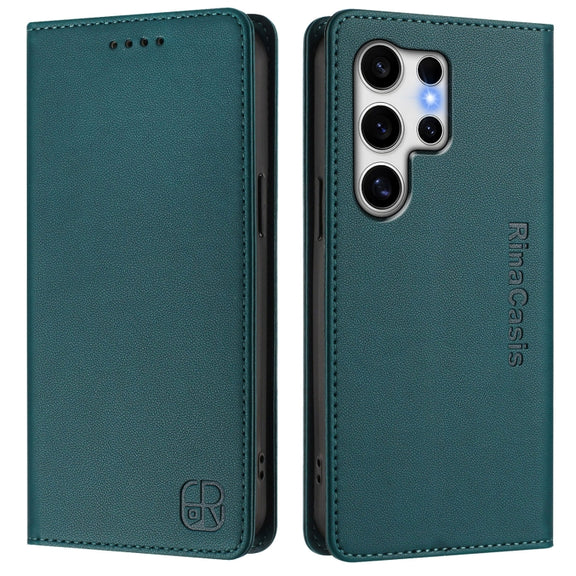 For Samsung Galaxy S25 Ultra 5G RC01 Dual-Folded Magnetic Suction RFID Leather Phone Case(Dark Green)