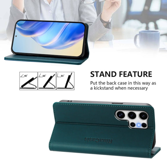 For Samsung Galaxy S25 Ultra 5G RC01 Dual-Folded Magnetic Suction RFID Leather Phone Case(Dark Green)