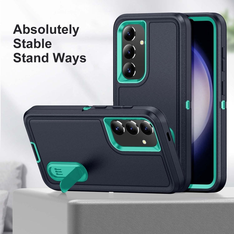 For Samsung Galaxy S24 / S25 5G Rugged PC Hybrid Silicone Phone Case with Holder(Dark Blue+Light Green) - Galaxy S25 5G Cases by PMC Jewellery | Online Shopping South Africa | PMC Jewellery | Buy Now Pay Later Mobicred