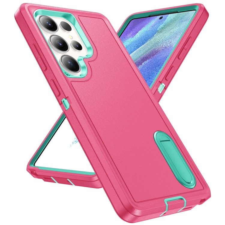 For Samsung Galaxy S25 Ultra 5G Rugged PC Hybrid Silicone Phone Case with Holder(Rose Red+Light Green) - Galaxy S25 Ultra 5G Cases by PMC Jewellery | Online Shopping South Africa | PMC Jewellery | Buy Now Pay Later Mobicred