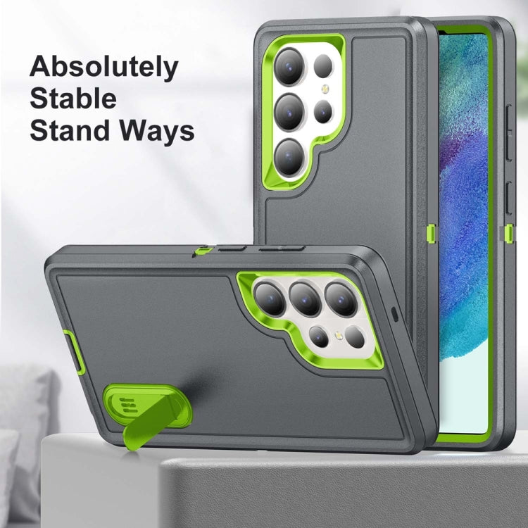 For Samsung Galaxy S25 Ultra 5G Rugged PC Hybrid Silicone Phone Case with Holder(Grey+Fresh Green) - Galaxy S25 Ultra 5G Cases by PMC Jewellery | Online Shopping South Africa | PMC Jewellery | Buy Now Pay Later Mobicred