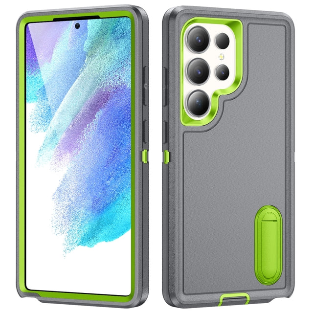 For Samsung Galaxy S25 Ultra 5G Rugged PC Hybrid Silicone Phone Case with Holder(Grey+Fresh Green)