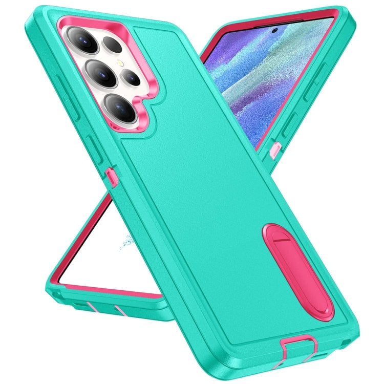 For Samsung Galaxy S25 Ultra 5G Rugged PC Hybrid Silicone Phone Case with Holder(Light Green+Rose Red) - Galaxy S25 Ultra 5G Cases by PMC Jewellery | Online Shopping South Africa | PMC Jewellery | Buy Now Pay Later Mobicred