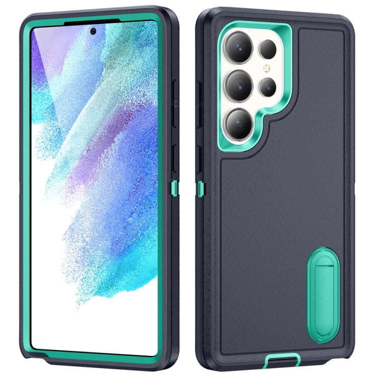 For Samsung Galaxy S25 Ultra 5G Rugged PC Hybrid Silicone Phone Case with Holder(Dark Blue+Light Green) - Galaxy S25 Ultra 5G Cases by PMC Jewellery | Online Shopping South Africa | PMC Jewellery | Buy Now Pay Later Mobicred