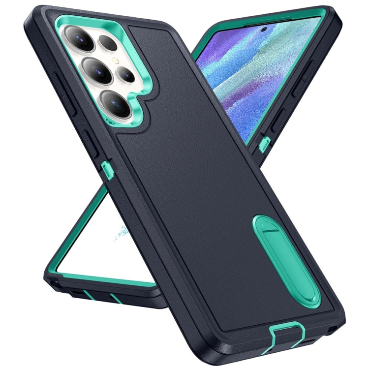 For Samsung Galaxy S25 Ultra 5G Rugged PC Hybrid Silicone Phone Case with Holder(Dark Blue+Light Green) - Galaxy S25 Ultra 5G Cases by PMC Jewellery | Online Shopping South Africa | PMC Jewellery | Buy Now Pay Later Mobicred