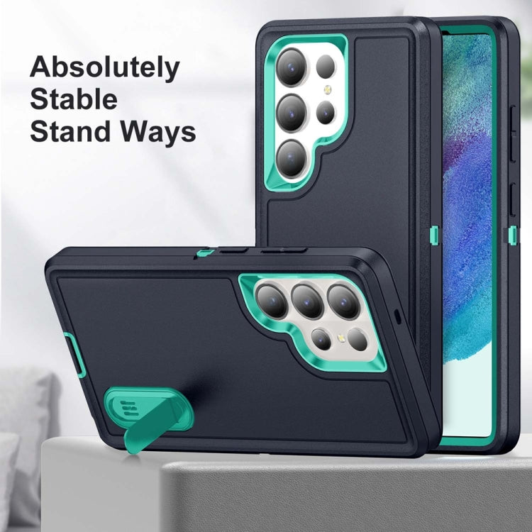 For Samsung Galaxy S25 Ultra 5G Rugged PC Hybrid Silicone Phone Case with Holder(Dark Blue+Light Green) - Galaxy S25 Ultra 5G Cases by PMC Jewellery | Online Shopping South Africa | PMC Jewellery | Buy Now Pay Later Mobicred
