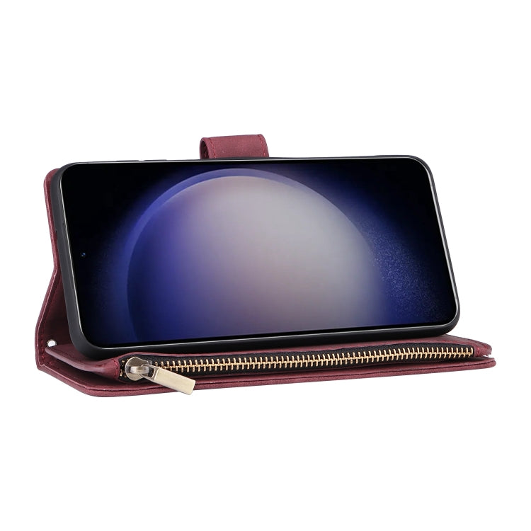 For Samsung Galaxy S25 5G Multifunctional Frosted Zipper Wallet Leather Phone Case(Wine Red)