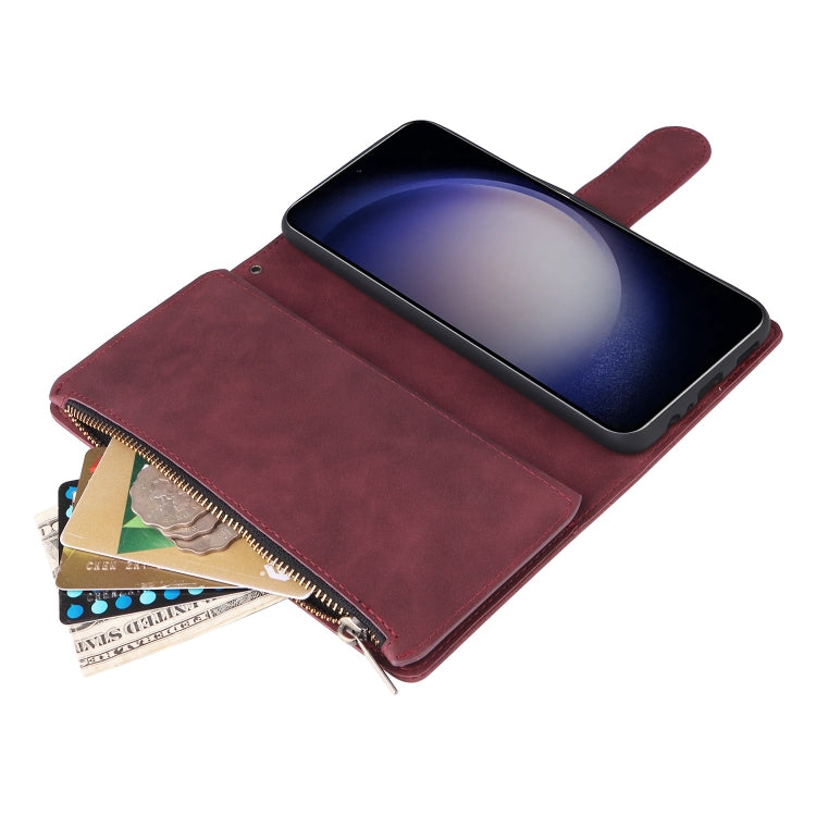 For Samsung Galaxy S25 5G Multifunctional Frosted Zipper Wallet Leather Phone Case(Wine Red)