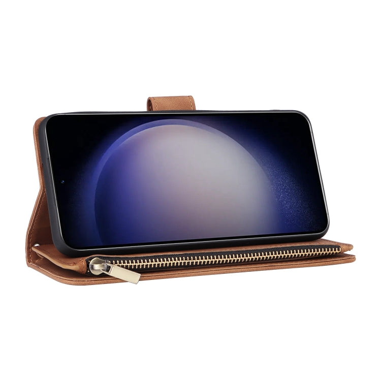 For Samsung Galaxy S25 5G Multifunctional Frosted Zipper Wallet Leather Phone Case(Brown) - Galaxy S25 5G Cases by PMC Jewellery | Online Shopping South Africa | PMC Jewellery | Buy Now Pay Later Mobicred