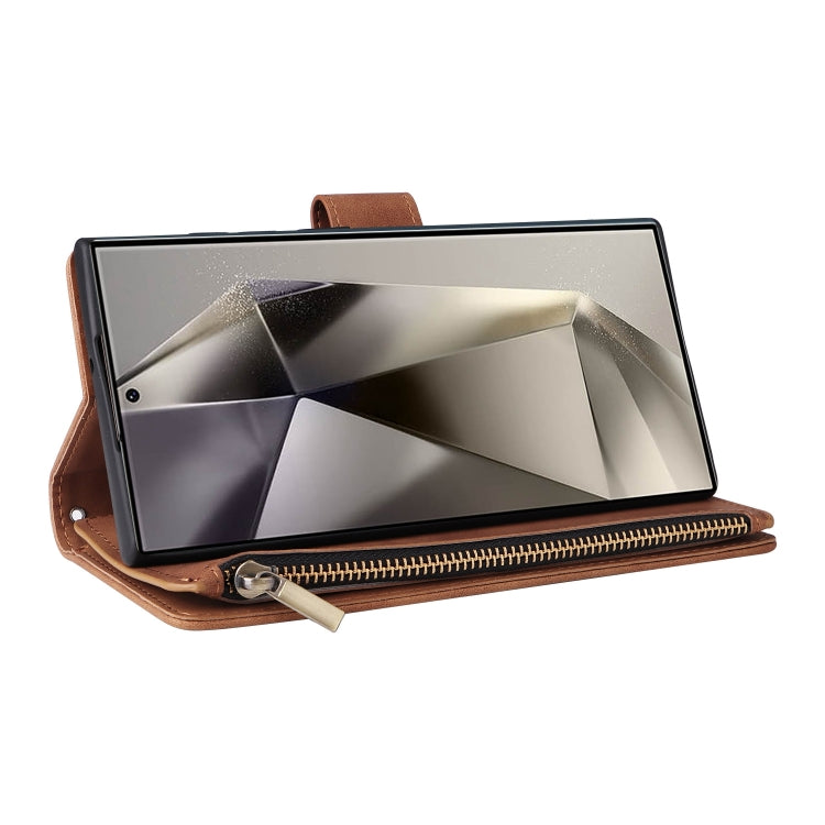 For Samsung Galaxy S25 Ultra 5G Multifunctional Frosted Zipper Wallet Leather Phone Case(Brown) - Galaxy S25 Ultra 5G Cases by PMC Jewellery | Online Shopping South Africa | PMC Jewellery | Buy Now Pay Later Mobicred