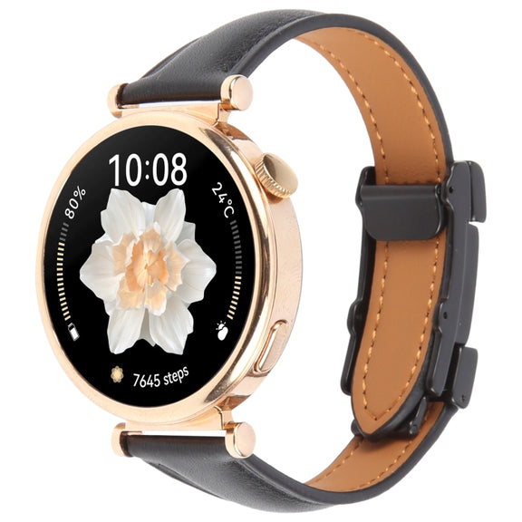 20mm Universal Slim Magnetic Buckle Genuine Leather Watch Band(Plain Weave Black)