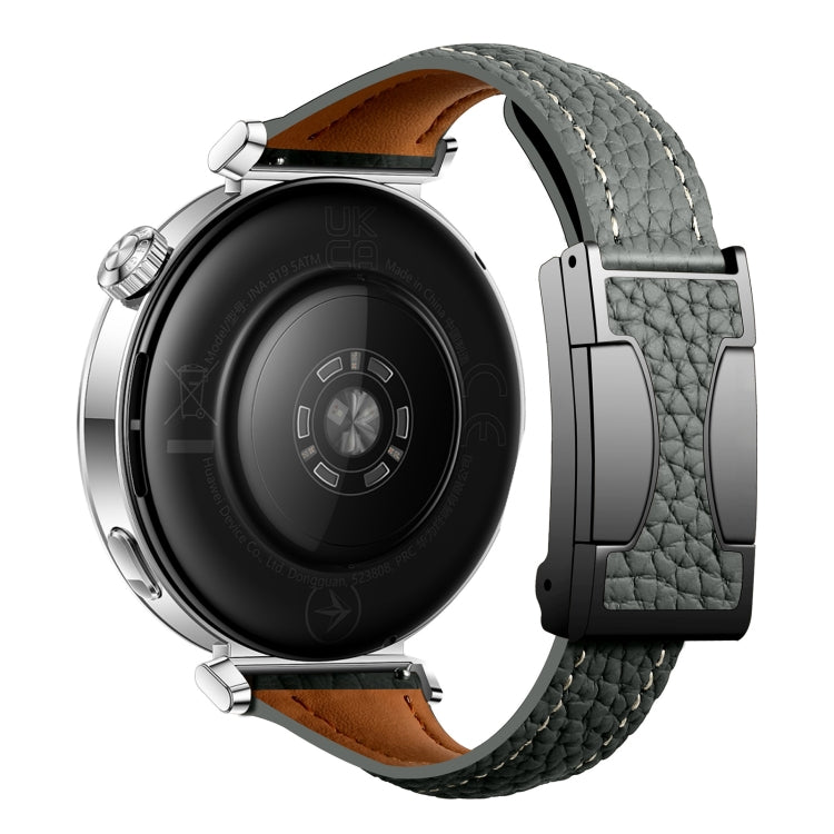 22mm Universal Slim Magnetic Buckle Genuine Leather Watch Band(Dark Green)