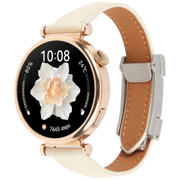 22mm Universal Slim Magnetic Buckle Genuine Leather Watch Band(Plain Weave Beige)