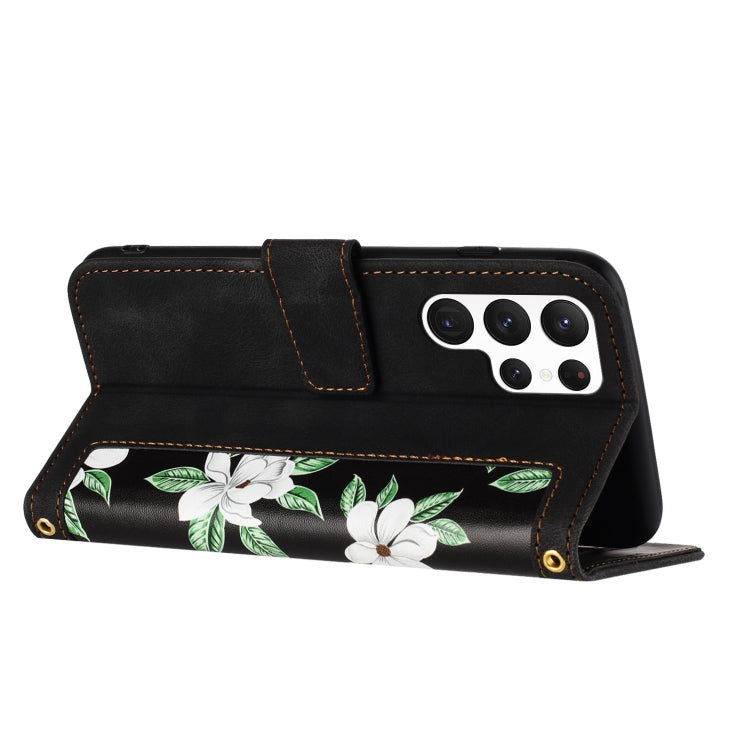 For Samsung Galaxy S25 Ultra 5G Floral Pattern Leather Phone Case with Lanyard(Black)