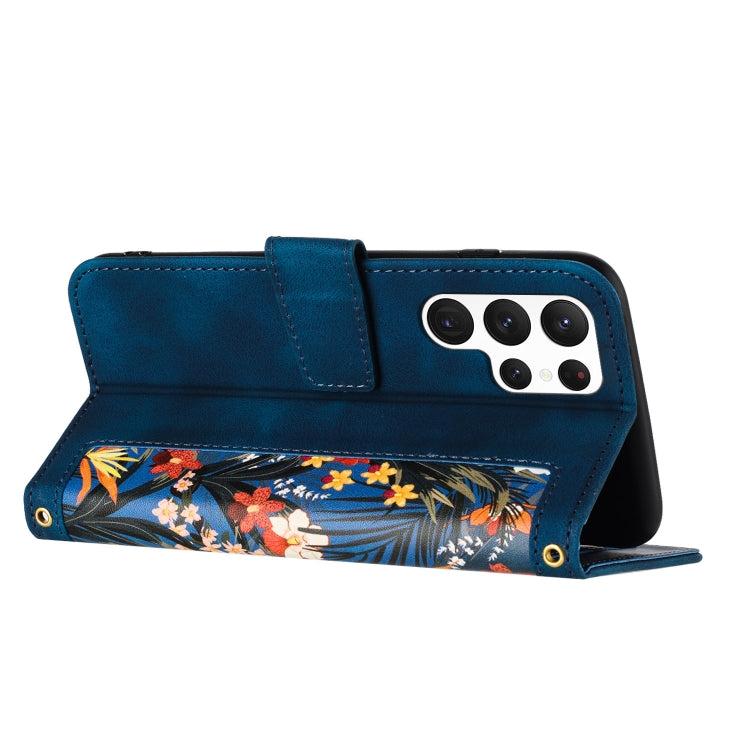 For Samsung Galaxy S25 Ultra 5G Floral Pattern Leather Phone Case with Lanyard(Dark Blue) - Galaxy S25 Ultra 5G Cases by PMC Jewellery | Online Shopping South Africa | PMC Jewellery | Buy Now Pay Later Mobicred