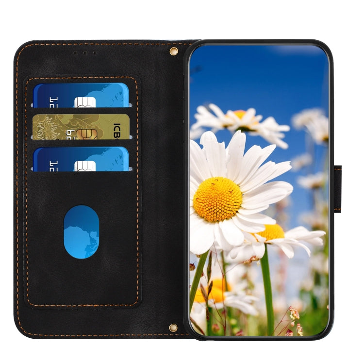 For Samsung Galaxy S25+ 5G Floral Pattern Leather Phone Case with Lanyard(Black)