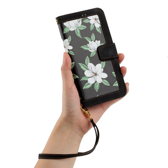 For Samsung Galaxy S25+ 5G Floral Pattern Leather Phone Case with Lanyard(Black)