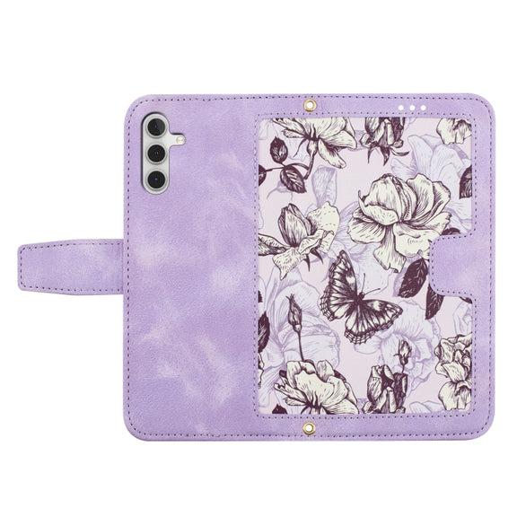 For Samsung Galaxy S25 5G Floral Pattern Leather Phone Case with Lanyard(Light Purple)