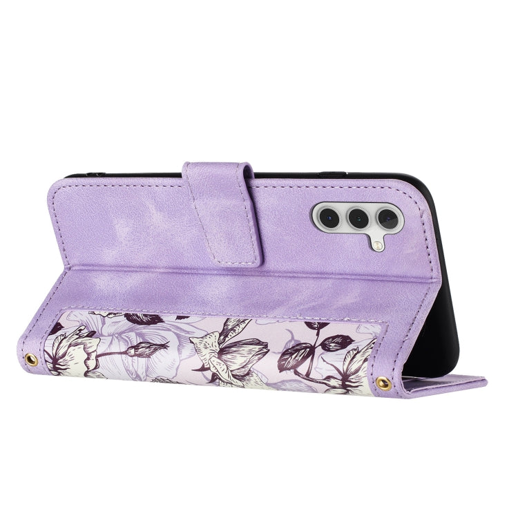 For Samsung Galaxy S25 5G Floral Pattern Leather Phone Case with Lanyard(Light Purple)
