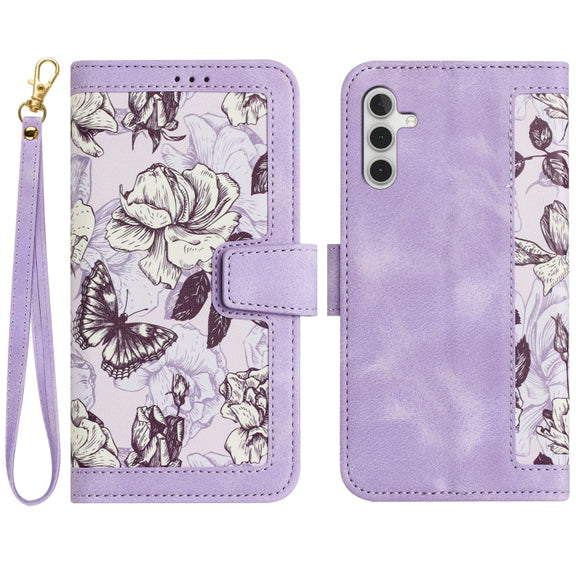 For Samsung Galaxy S25 5G Floral Pattern Leather Phone Case with Lanyard(Light Purple)