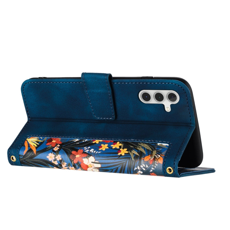 For Samsung Galaxy S25 5G Floral Pattern Leather Phone Case with Lanyard(Dark Blue) - Galaxy S25 5G Cases by PMC Jewellery | Online Shopping South Africa | PMC Jewellery | Buy Now Pay Later Mobicred