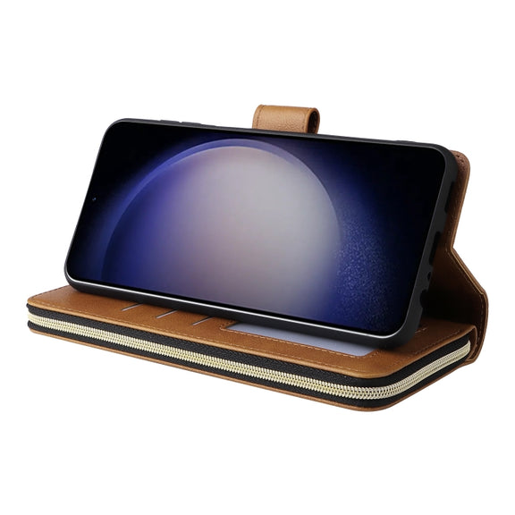 For Samsung Galaxy S25 5G 9-Card Slots Zipper Wallet Bag Leather Phone Case(Brown)