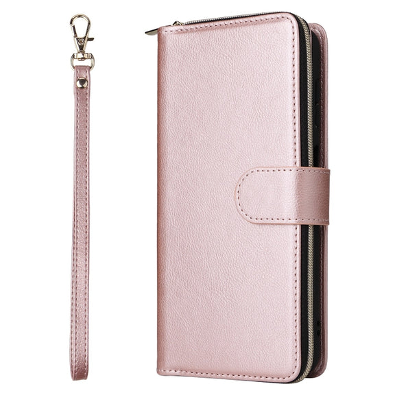 For Samsung Galaxy S25+ 5G 9-Card Slots Zipper Wallet Bag Leather Phone Case(Rose Gold)
