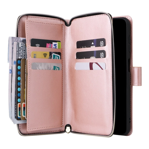 For Samsung Galaxy S25+ 5G 9-Card Slots Zipper Wallet Bag Leather Phone Case(Rose Gold)