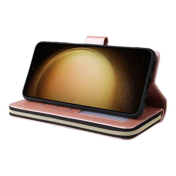 For Samsung Galaxy S25+ 5G 9-Card Slots Zipper Wallet Bag Leather Phone Case(Rose Gold)