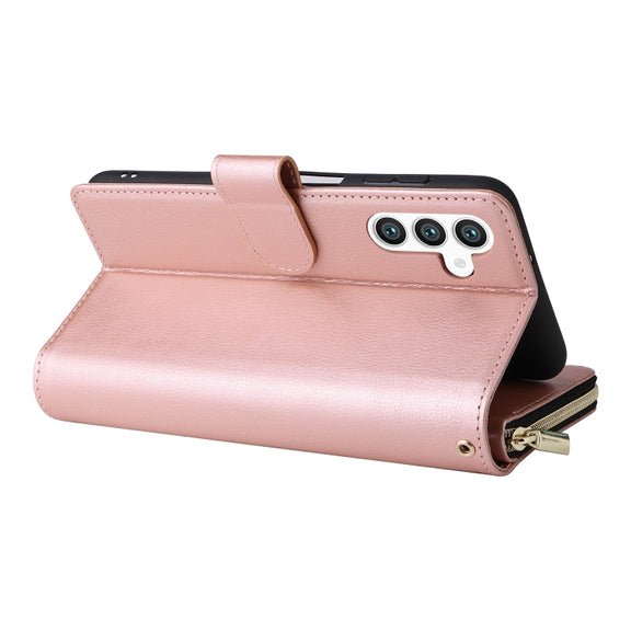 For Samsung Galaxy S25+ 5G 9-Card Slots Zipper Wallet Bag Leather Phone Case(Rose Gold)