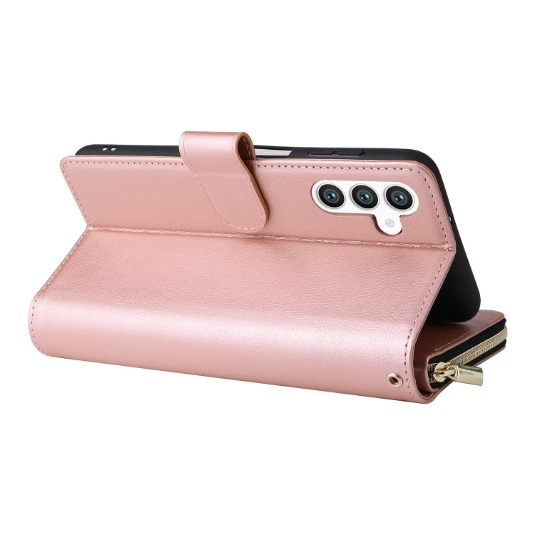 For Samsung Galaxy S25+ 5G 9-Card Slots Zipper Wallet Bag Leather Phone Case(Rose Gold)