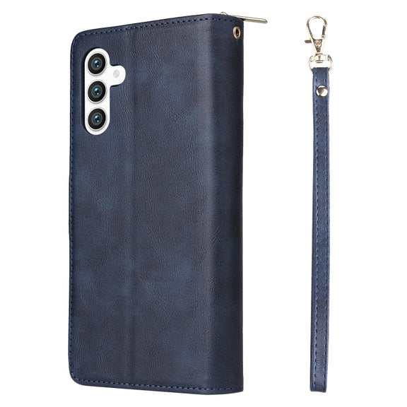 For Samsung Galaxy S25+ 5G 9-Card Slots Zipper Wallet Bag Leather Phone Case(Blue)