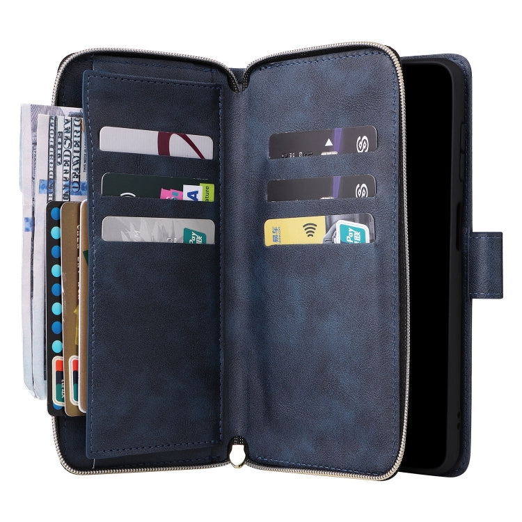 For Samsung Galaxy S25+ 5G 9-Card Slots Zipper Wallet Bag Leather Phone Case(Blue)