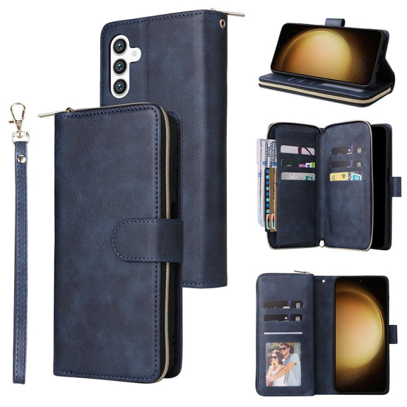 For Samsung Galaxy S25+ 5G 9-Card Slots Zipper Wallet Bag Leather Phone Case(Blue)