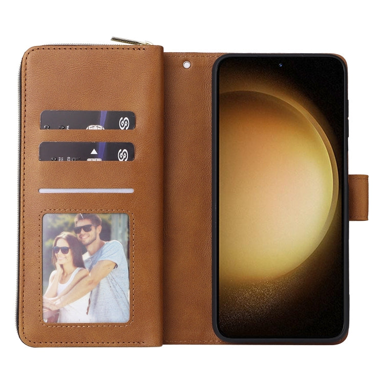 For Samsung Galaxy S25+ 5G 9-Card Slots Zipper Wallet Bag Leather Phone Case(Brown) - Galaxy S25+ 5G Cases by PMC TechLife | Online Shopping South Africa | PMC TechLife | Buy Now Pay Later Mobicred