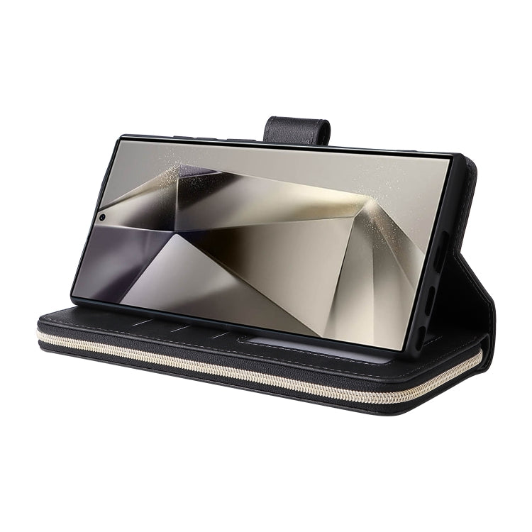 For Samsung Galaxy S25 Ultra 5G 9-Card Slots Zipper Wallet Bag Leather Phone Case(Black)
